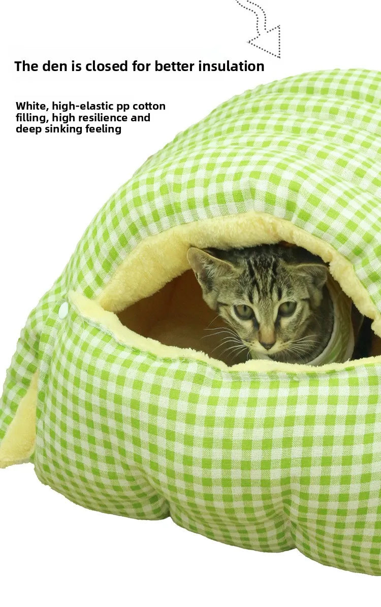 Winter Cat & Dog House – Closed Warm Plush Bed with Detachable Plaid Cover