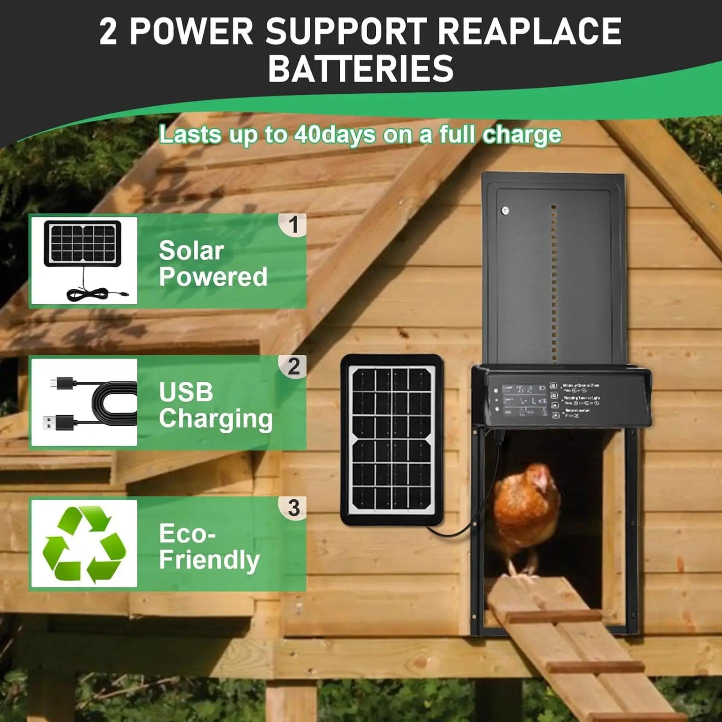 Solar Automatic Chicken Coop Door – Solar & USB Powered with Timer & Light Sensor