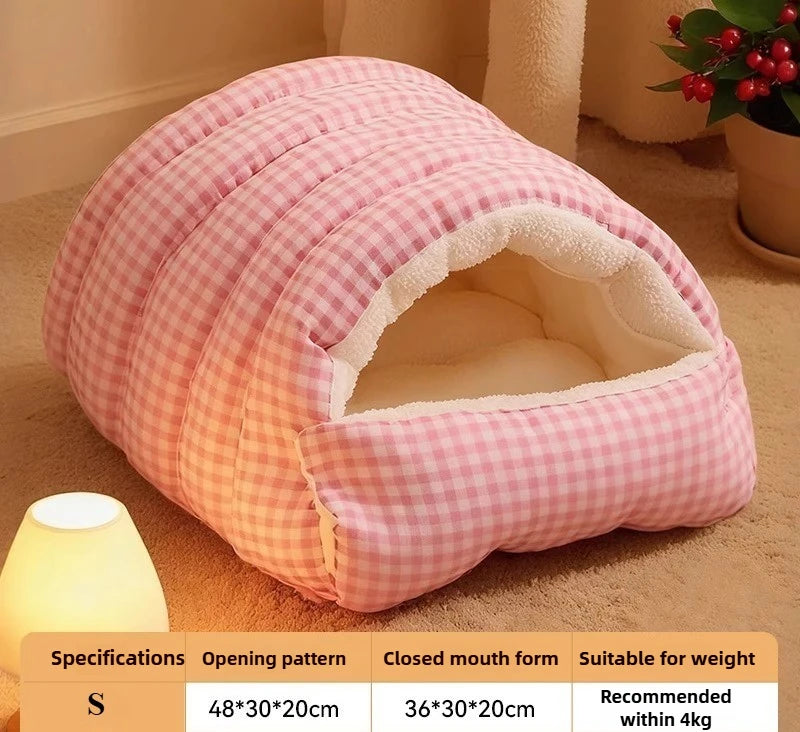 Winter Cat & Dog House – Closed Warm Plush Bed with Detachable Plaid Cover