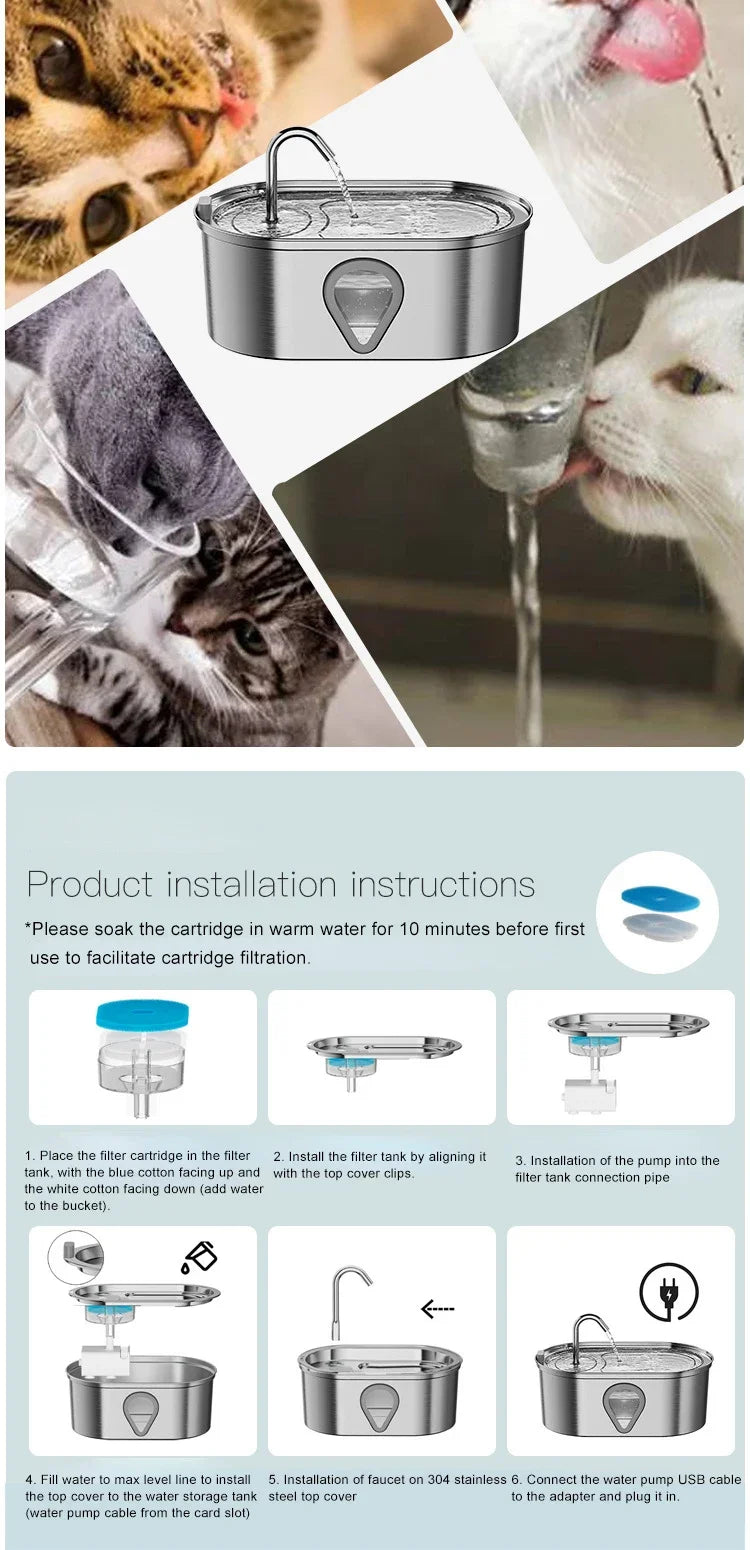 3.5L Stainless Steel Cat Water Fountain with Water Level Window Pet Fountain Cat Dog Water Dispenser for Multiple Cats Fountain