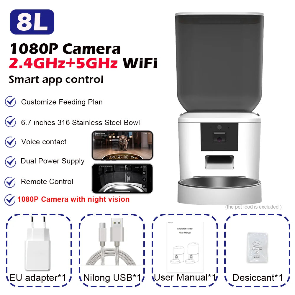 8L Smart Automatic Cat Feeder with 1080P Camera – WiFi & Voice Control