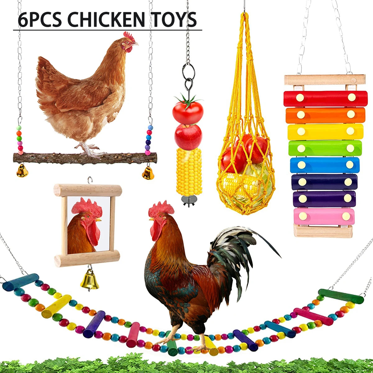 Chicken & Parrot Chewing Foraging Toy Set – Wooden Swing, Hanging Feeder & Bell Toys