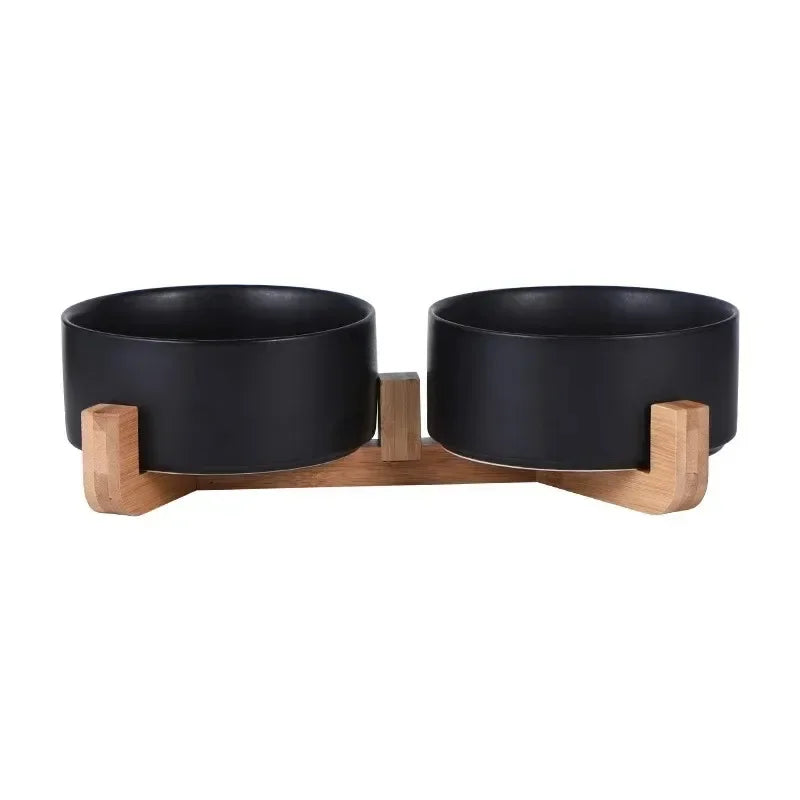 Ceramic Double Pet Bowl with Wooden Stand – No Spill Feeder