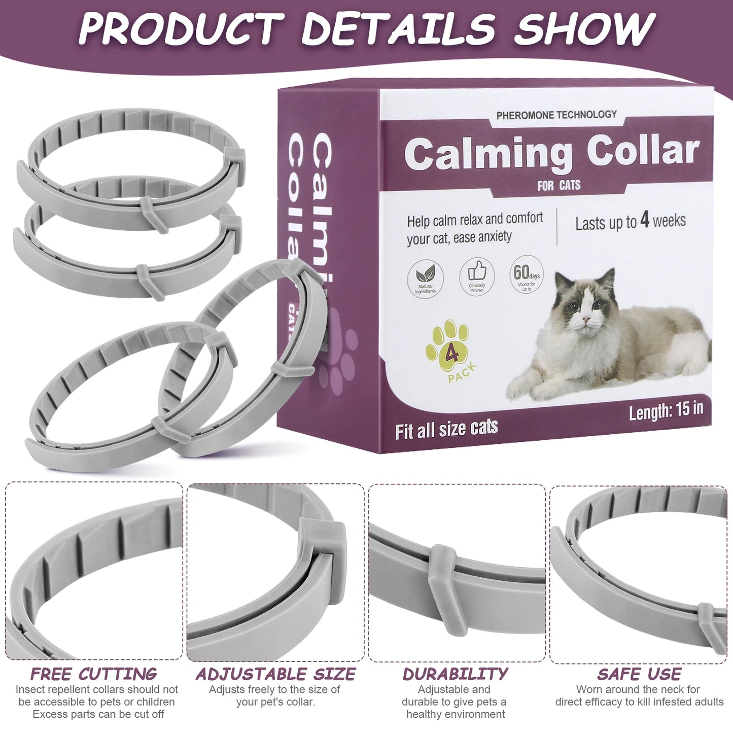 Pet Calming Collar for Cats & Dogs – Adjustable Pheromone Anxiety Relief, Natural Soothing & Relaxing