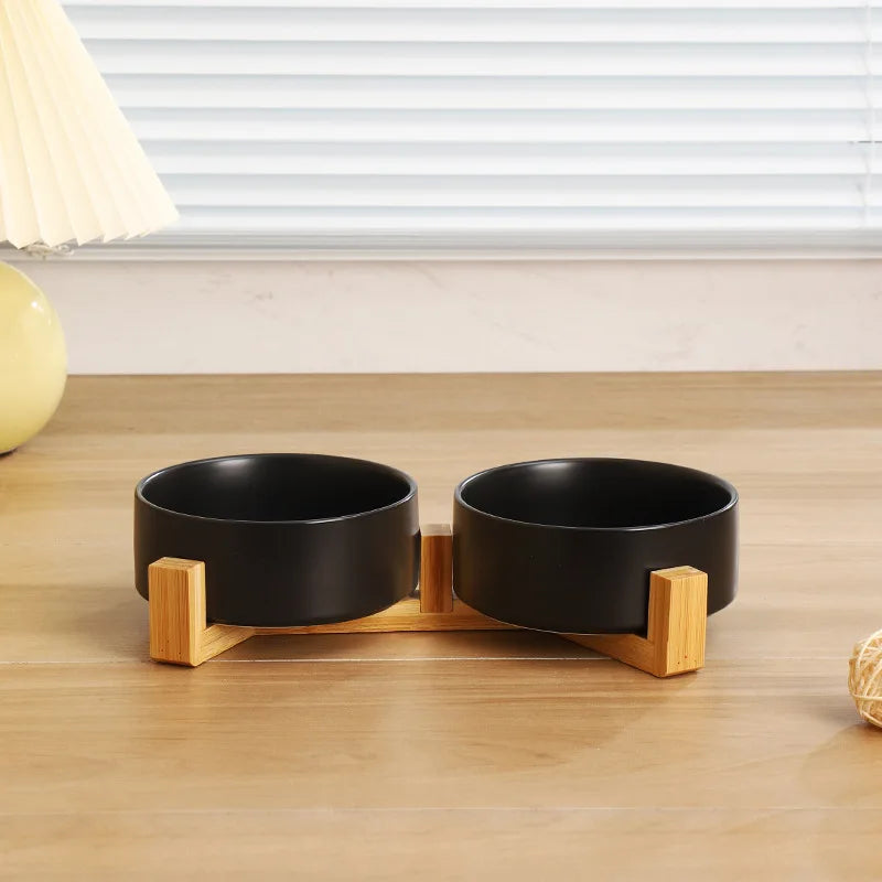 Ceramic Double Pet Bowl with Wooden Stand – No Spill Feeder