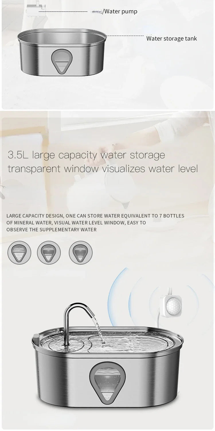 3.5L Stainless Steel Cat Water Fountain with Water Level Window Pet Fountain Cat Dog Water Dispenser for Multiple Cats Fountain