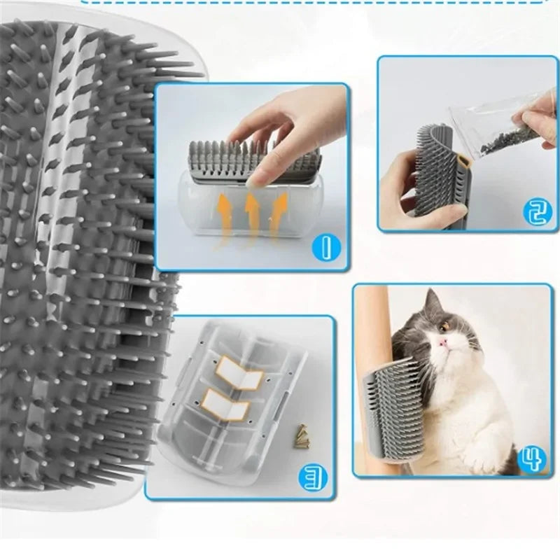 Cat Corner Brush & Massager – Self-Cleaning Grooming Comb with Catnip