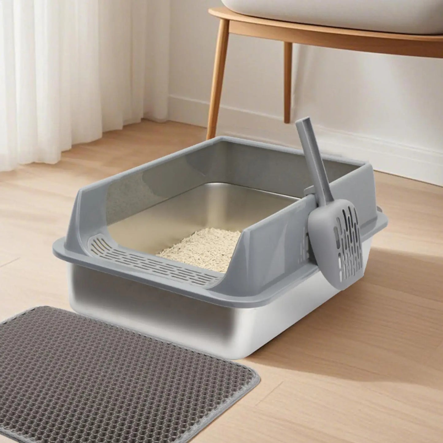 Stainless Steel High-Sided Cat Litter Box with Lid & Scoop
