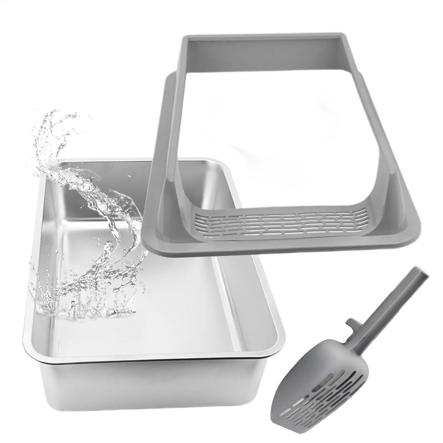 Stainless Steel High-Sided Cat Litter Box with Lid & Scoop
