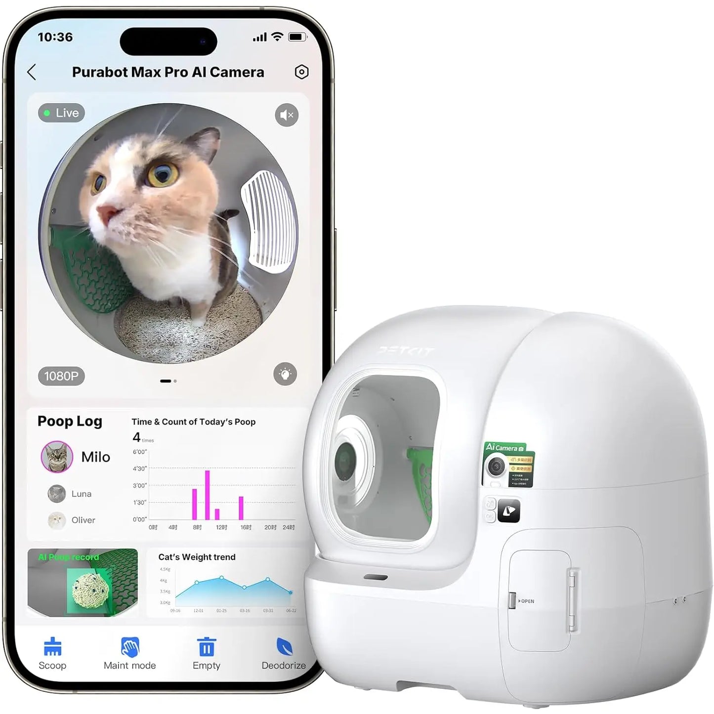 Purobot Max Pro AI Cat Litter Box – Automatic, 210° Camera, 5G WiFi