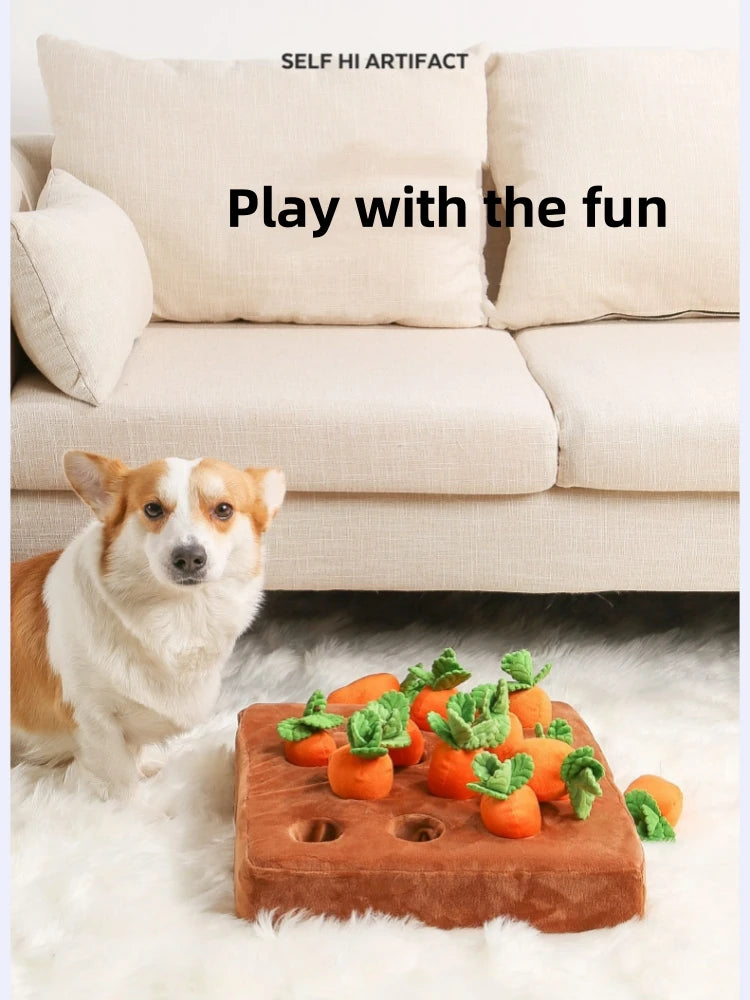 Interactive Carrot Plush Dog Toy – 2-in-1 Puzzle & Nosework Feeder