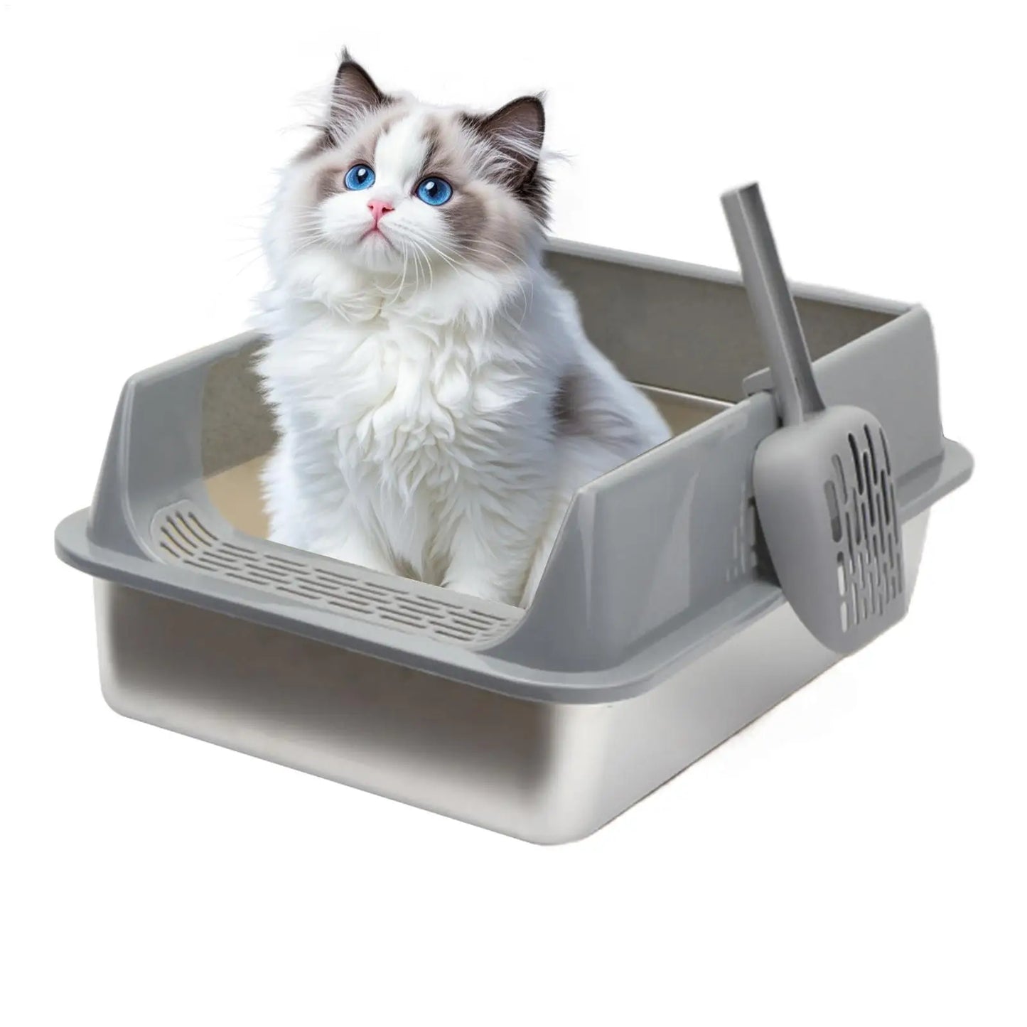 Stainless Steel High-Sided Cat Litter Box with Lid & Scoop