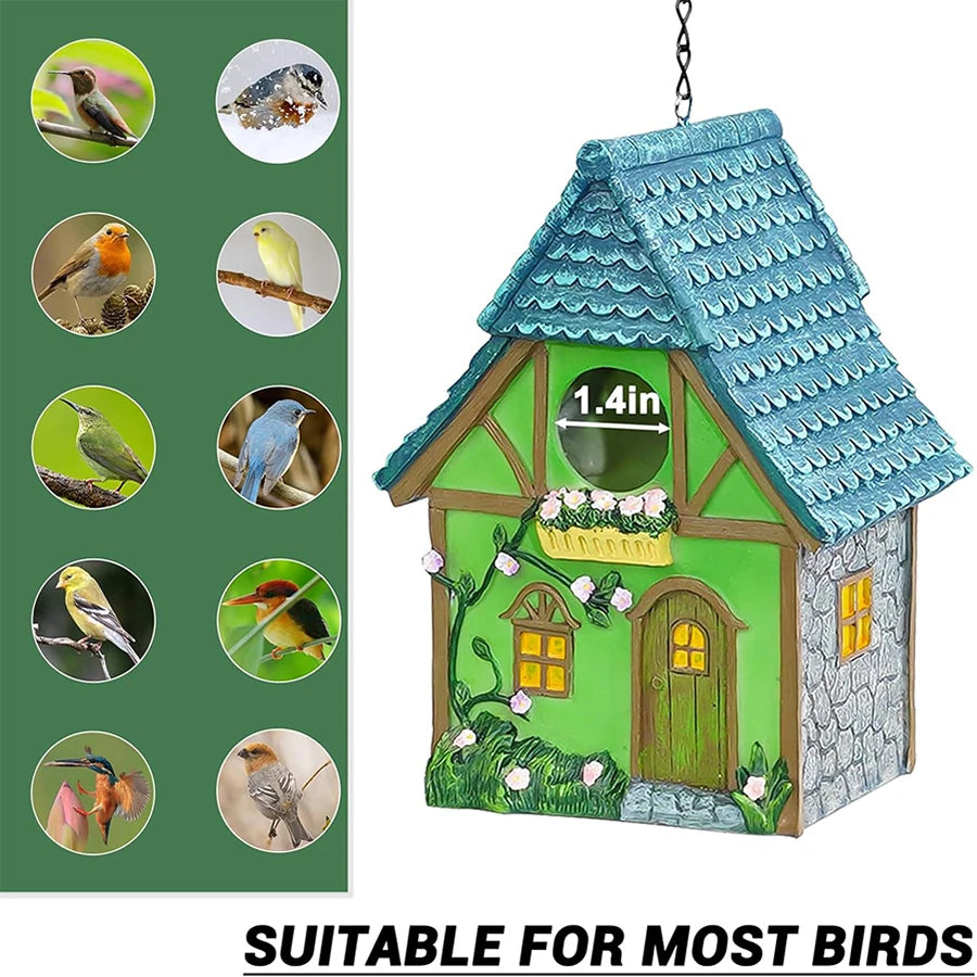 Outdoor Resin Birdhouse – Hanging Garden Cabin for Small Birds