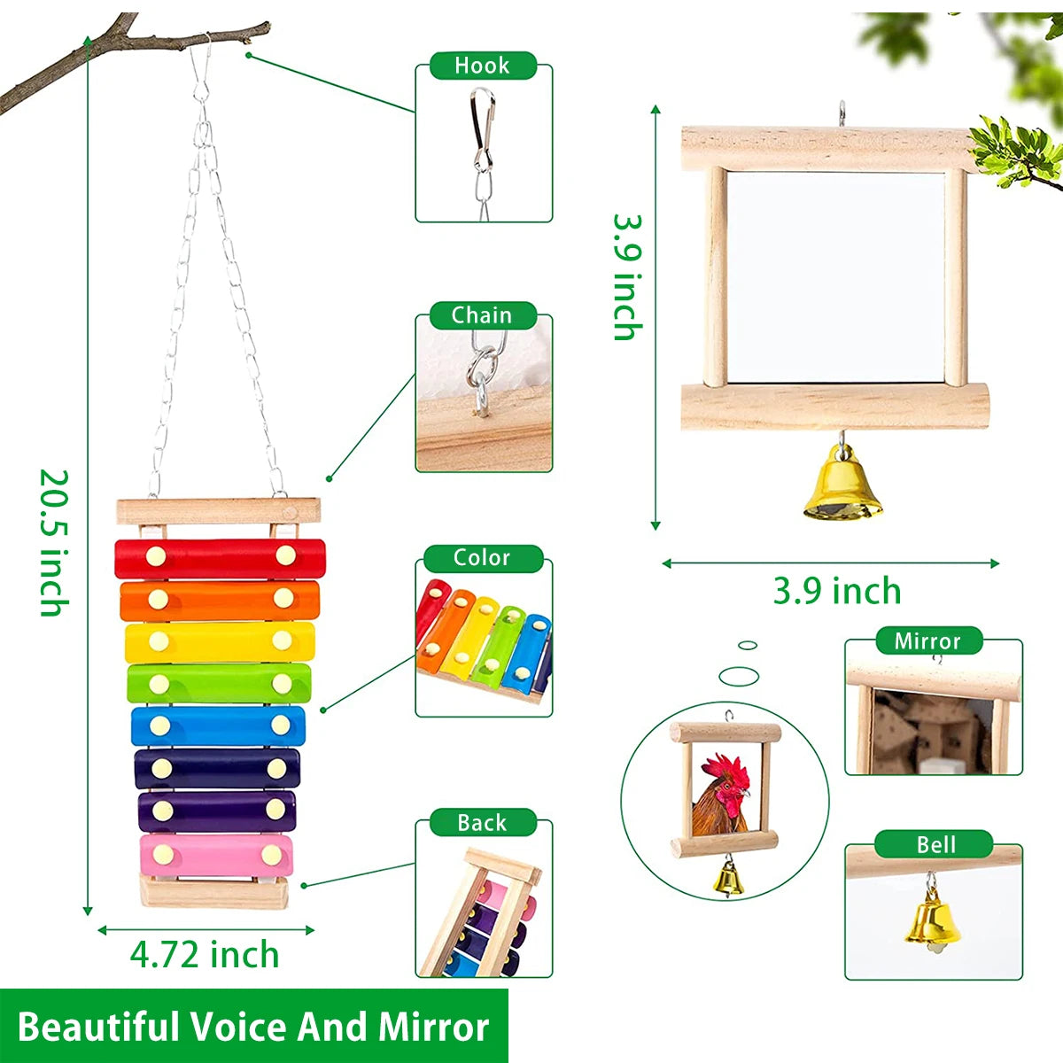 Chicken & Parrot Chewing Foraging Toy Set – Wooden Swing, Hanging Feeder & Bell Toys