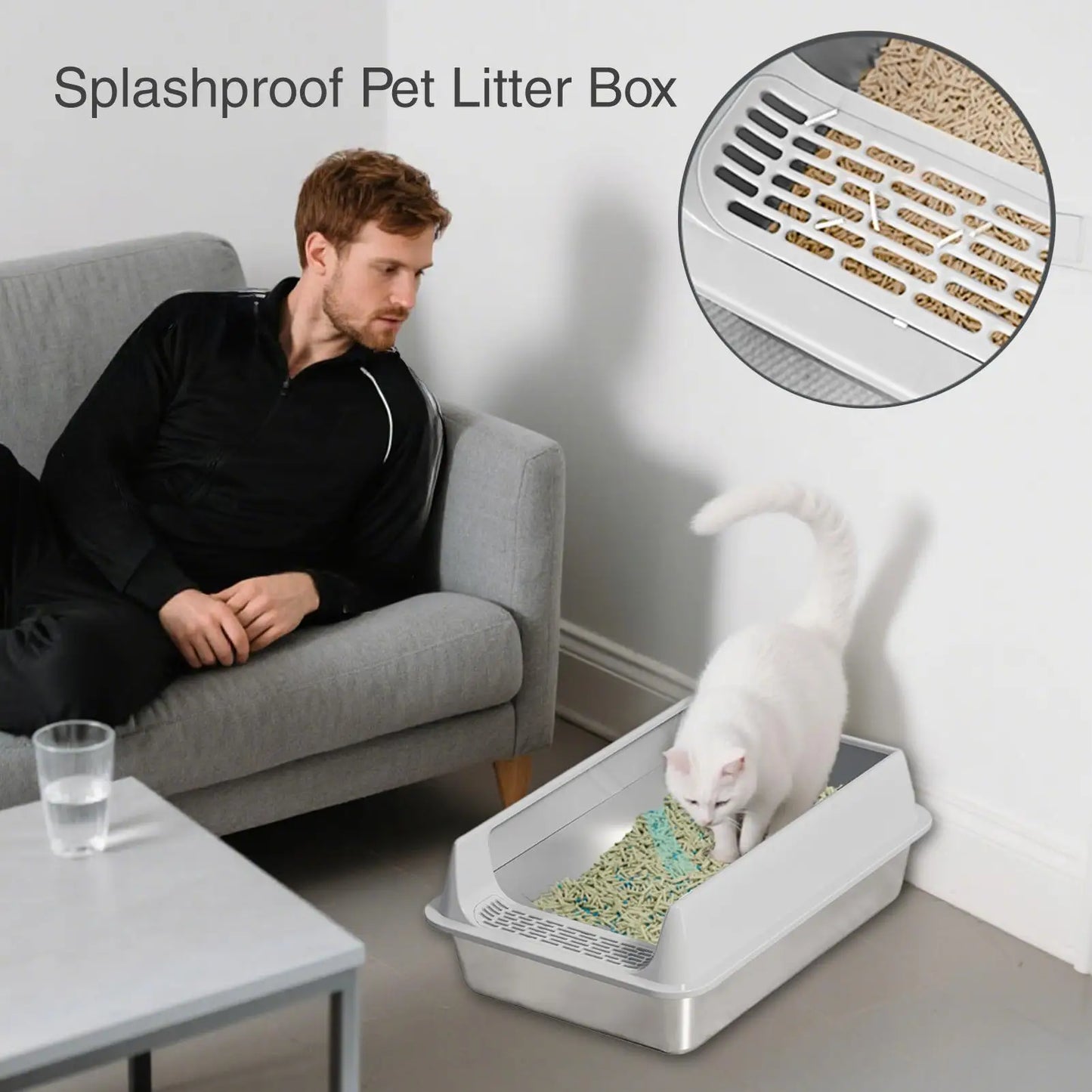 Stainless Steel High-Sided Cat Litter Box with Lid & Scoop