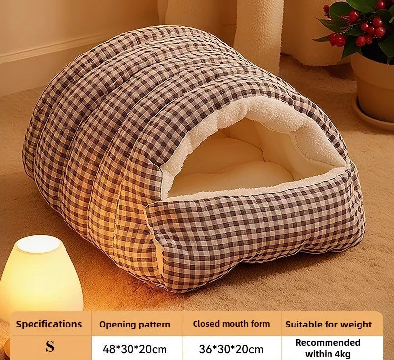 Winter Cat & Dog House – Closed Warm Plush Bed with Detachable Plaid Cover