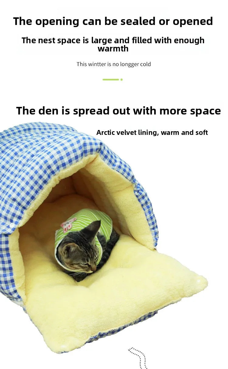 Winter Cat & Dog House – Closed Warm Plush Bed with Detachable Plaid Cover