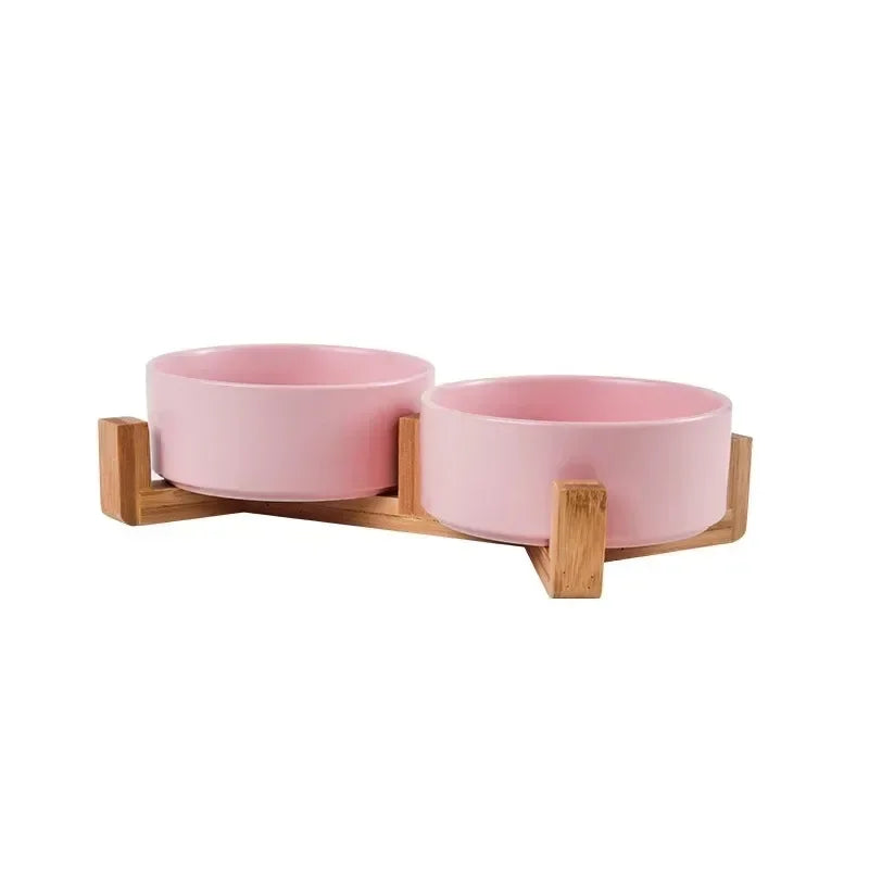 Ceramic Double Pet Bowl with Wooden Stand – No Spill Feeder