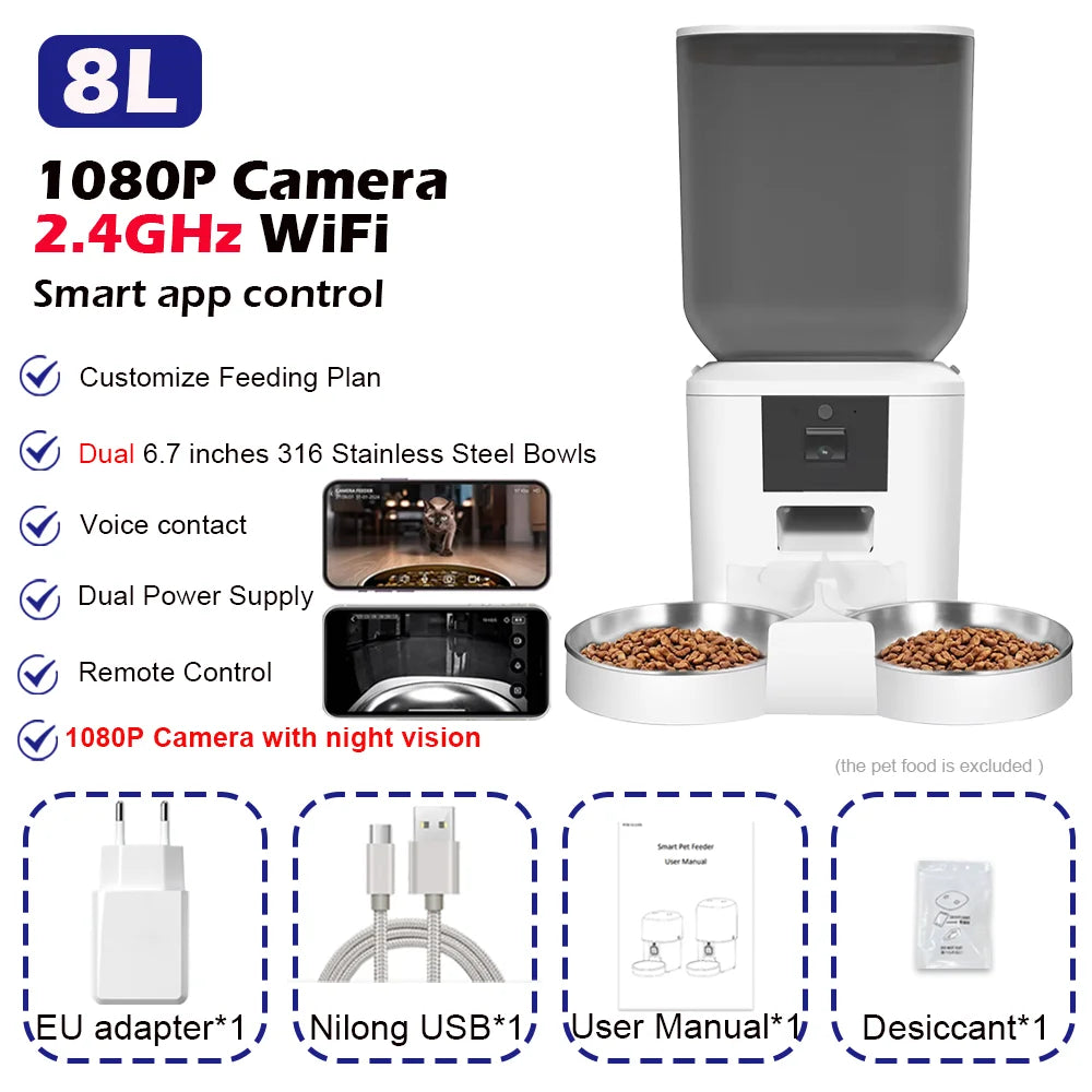 8L Smart Automatic Cat Feeder with 1080P Camera – WiFi & Voice Control