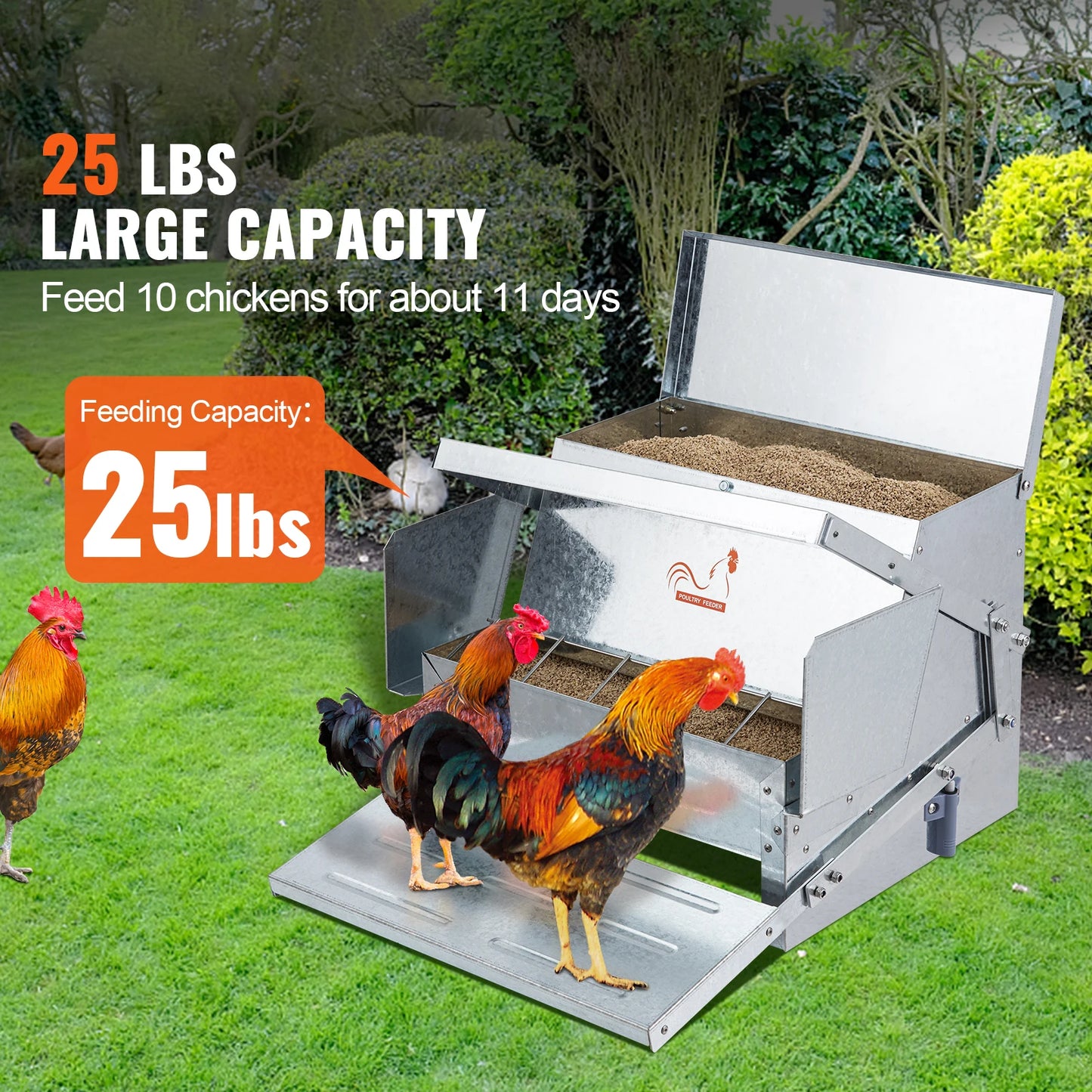 Automatic Chicken Feeder 25 lb Capacity – Galvanized Steel Poultry Feeder for Up to 10 Chickens