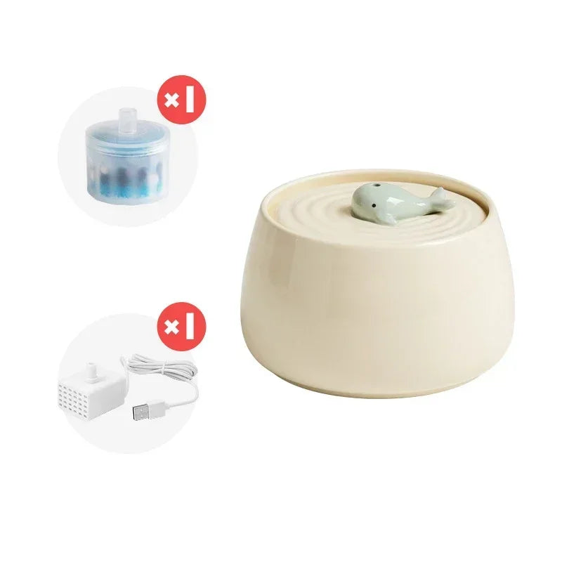 "Ceramic Cat Water Fountain 1.3L – USB Rechargeable & Filtered"