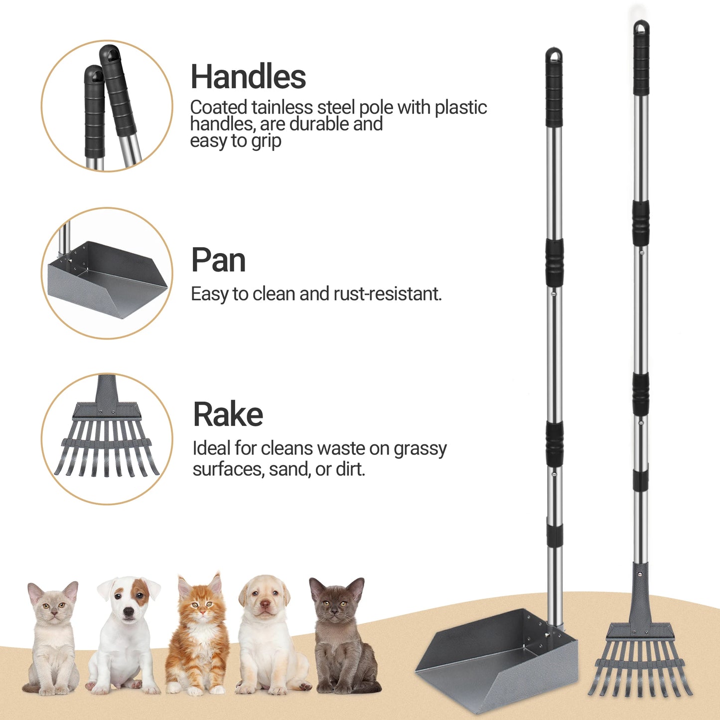 Dog Poop Tray & Rake Set – Adjustable Stainless Handles