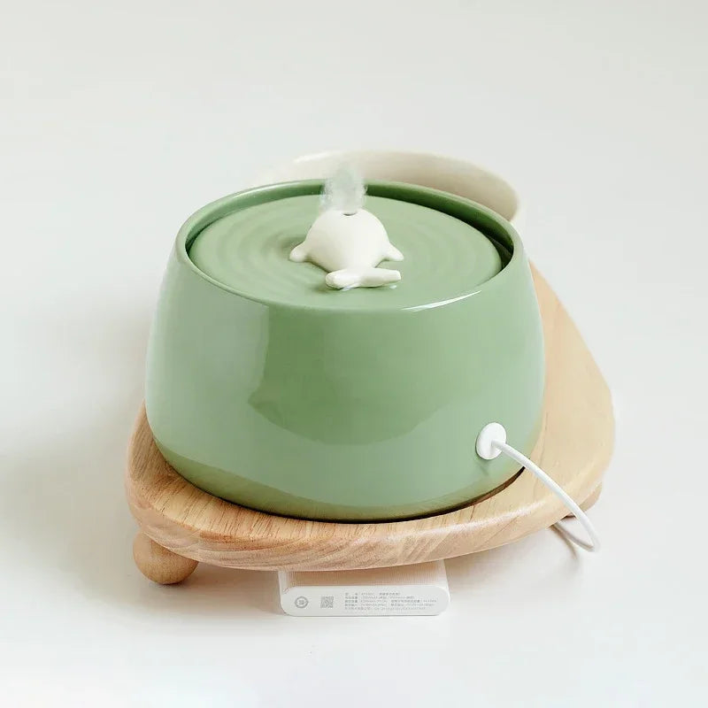 "Ceramic Cat Water Fountain 1.3L – USB Rechargeable & Filtered"