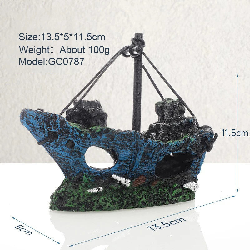 Wreck Ship Decoration Hollow Cave Resin Boat Statues Ornament