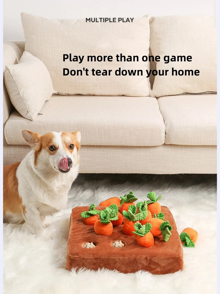 Interactive Carrot Plush Dog Toy – 2-in-1 Puzzle & Nosework Feeder