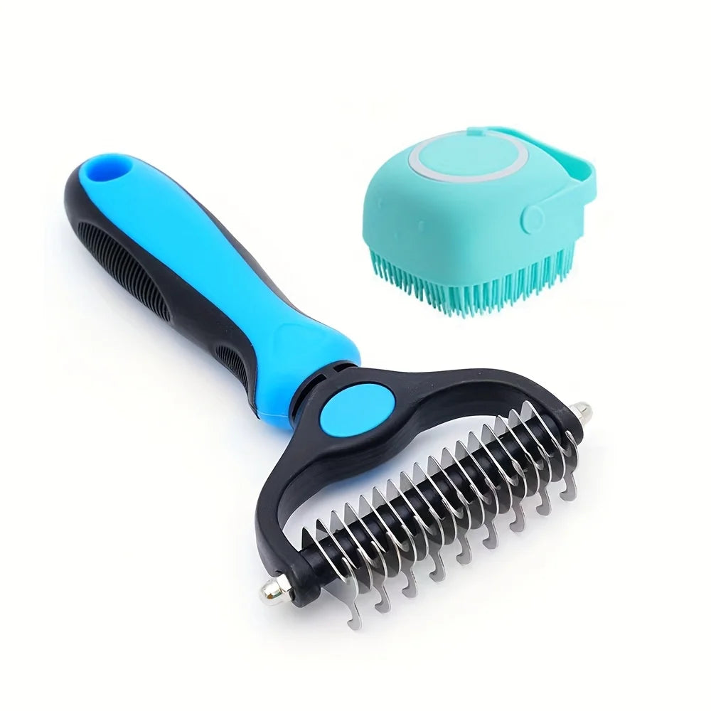 Dual-Sided Pet Grooming Brush – Stainless Steel Deshedding & Silicone Massage for Dogs & Cats