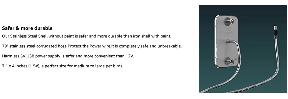 Bird Cage Heater Perch – Stainless Steel Parrot Warmer with Thermostat for Bird Cages