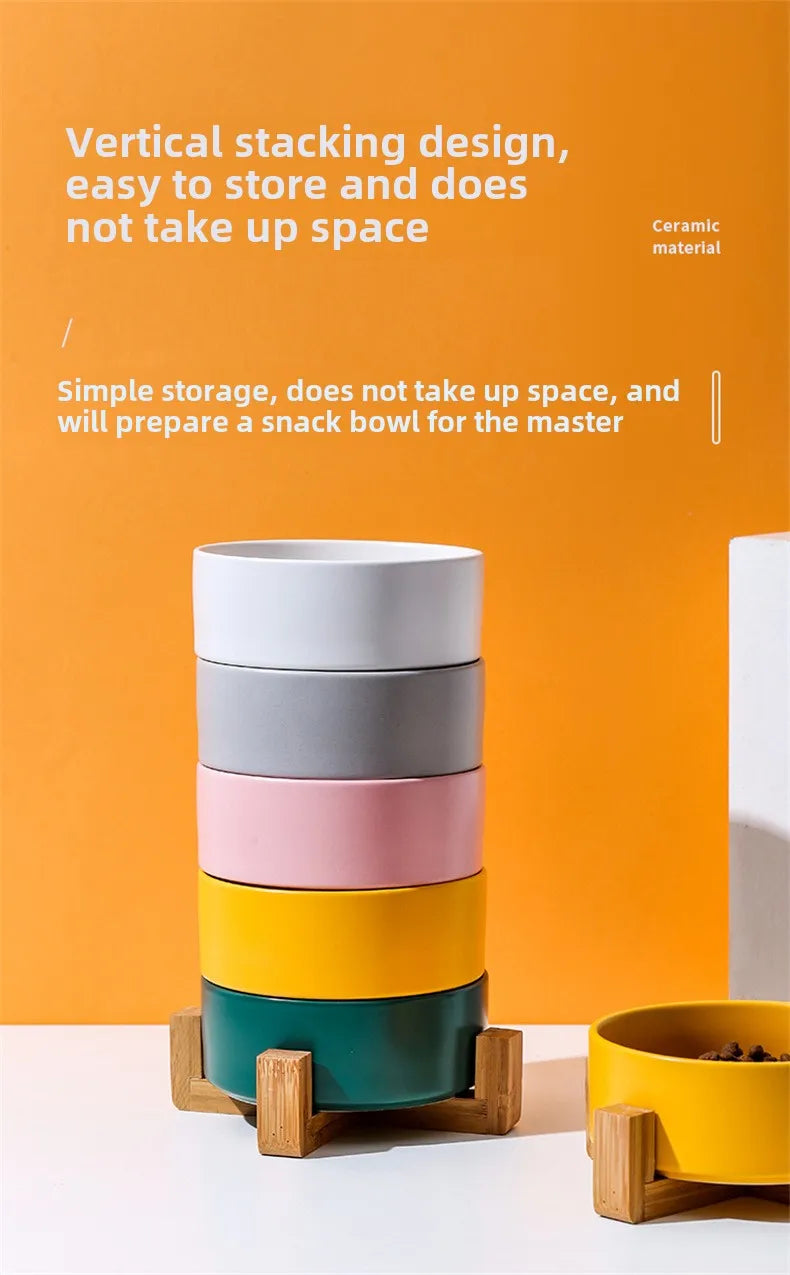 Ceramic Double Pet Bowl with Wooden Stand – No Spill Feeder