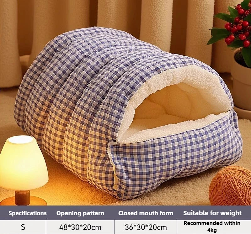 Winter Cat & Dog House – Closed Warm Plush Bed with Detachable Plaid Cover
