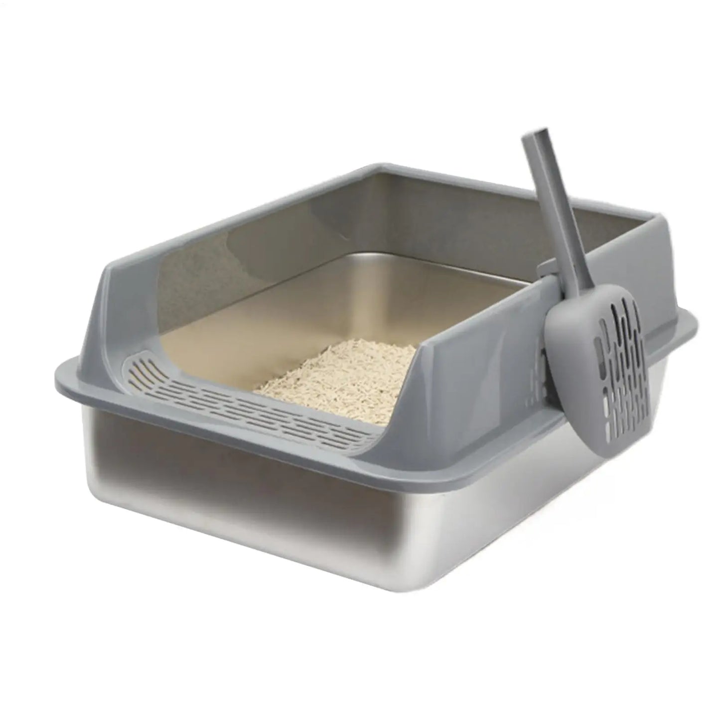 Stainless Steel High-Sided Cat Litter Box with Lid & Scoop