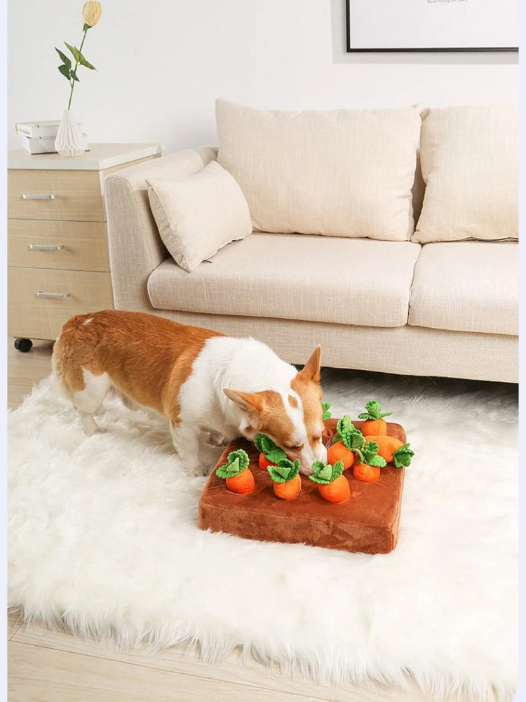 Interactive Carrot Plush Dog Toy – 2-in-1 Puzzle & Nosework Feeder