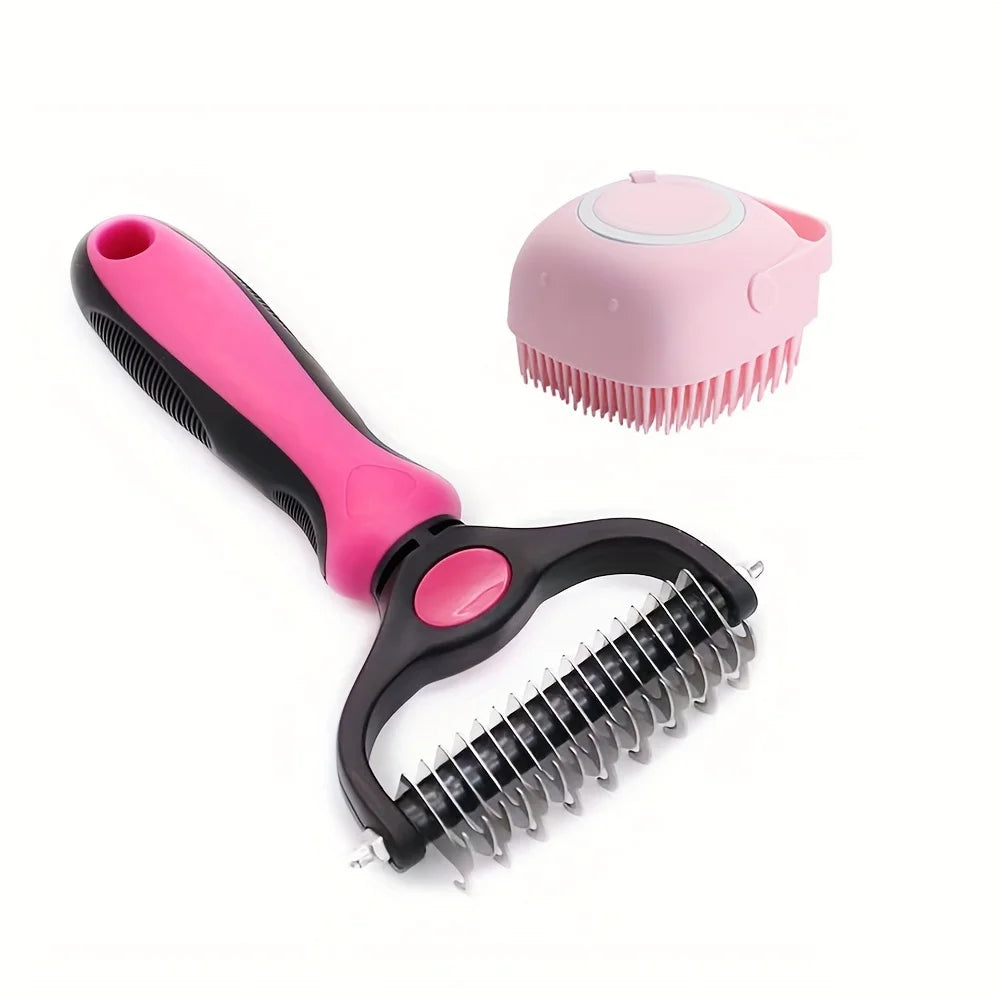 Dual-Sided Pet Grooming Brush – Stainless Steel Deshedding & Silicone Massage for Dogs & Cats