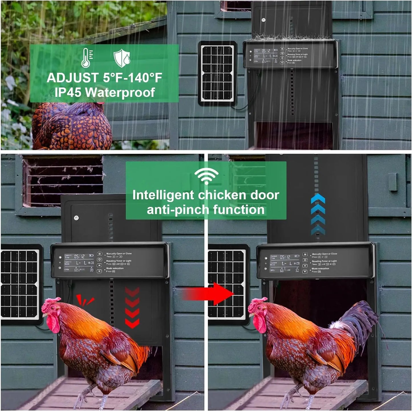 Solar Automatic Chicken Coop Door – Solar & USB Powered with Timer & Light Sensor