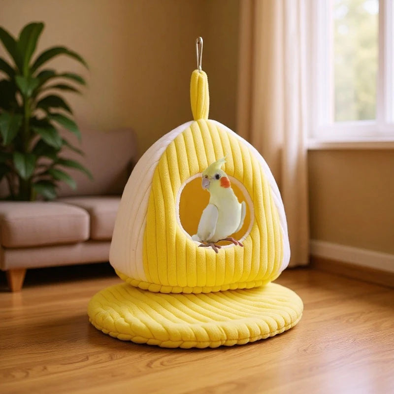 Warm Fleece-Lined Parrot Nest – Hanging Yellow Bed for Small Birds