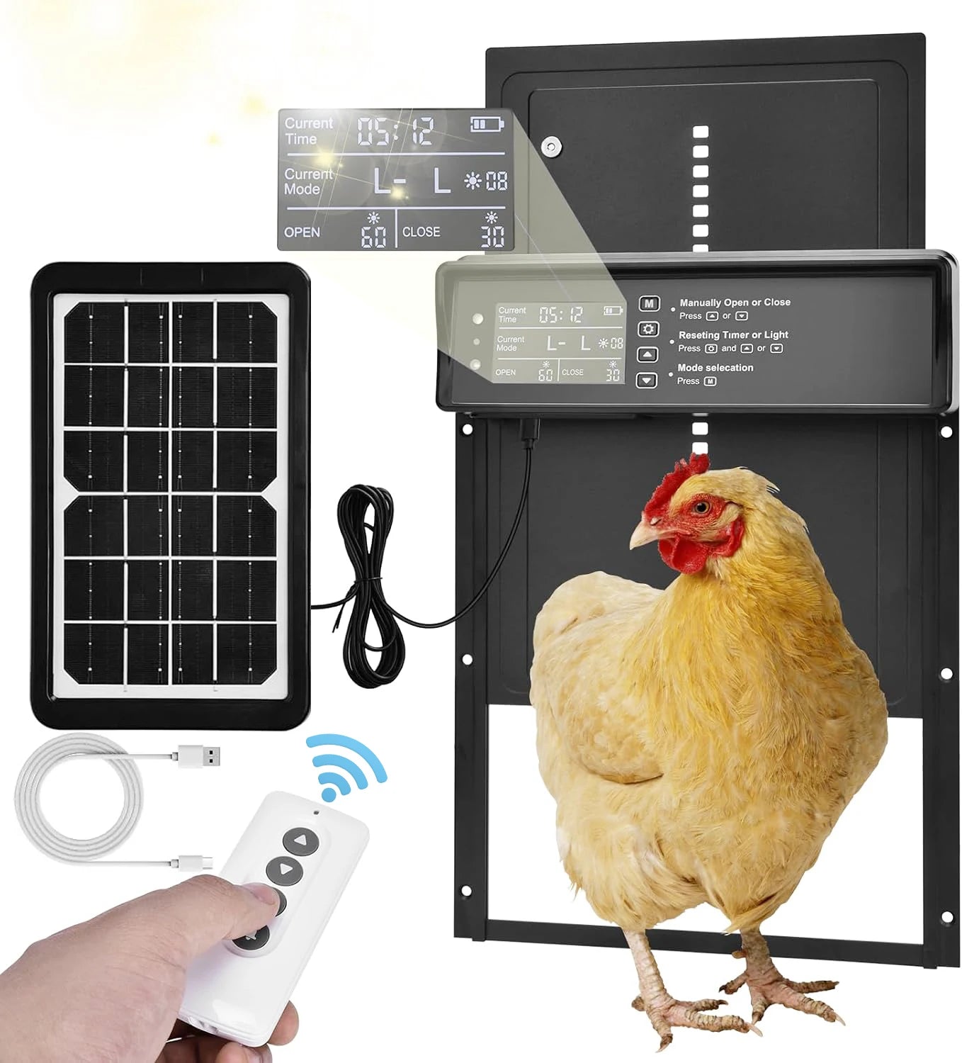Solar Automatic Chicken Coop Door – Solar & USB Powered with Timer & Light Sensor