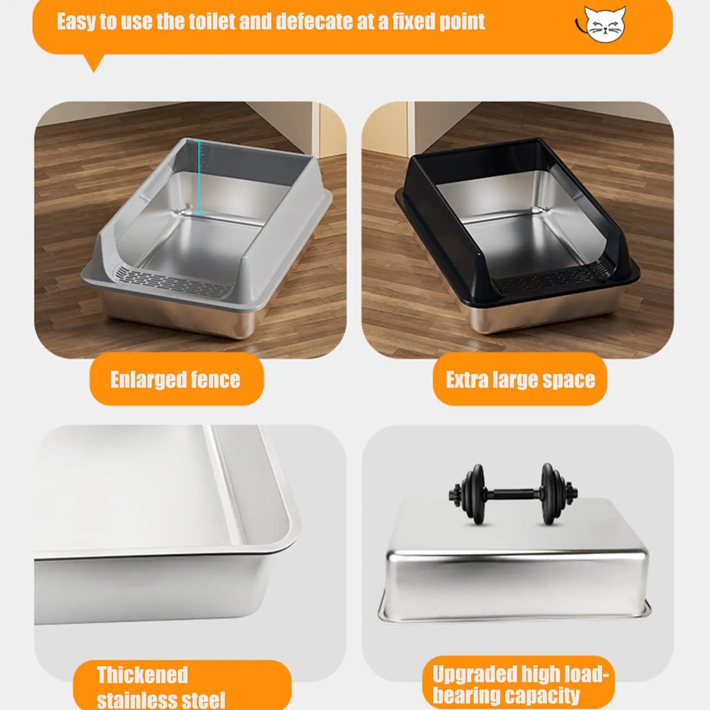 Stainless Steel High-Sided Cat Litter Box with Lid & Scoop