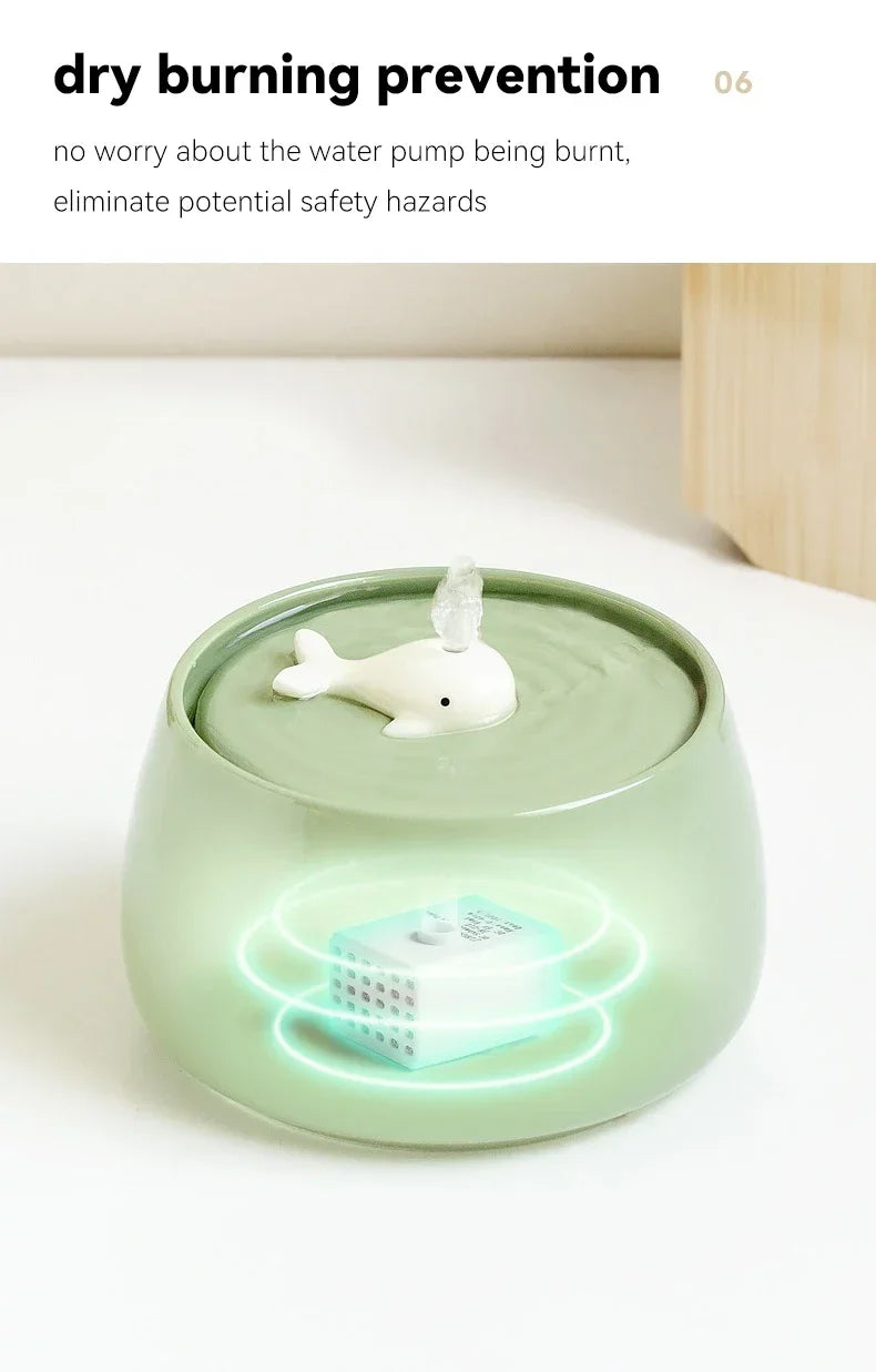 "Ceramic Cat Water Fountain 1.3L – USB Rechargeable & Filtered"
