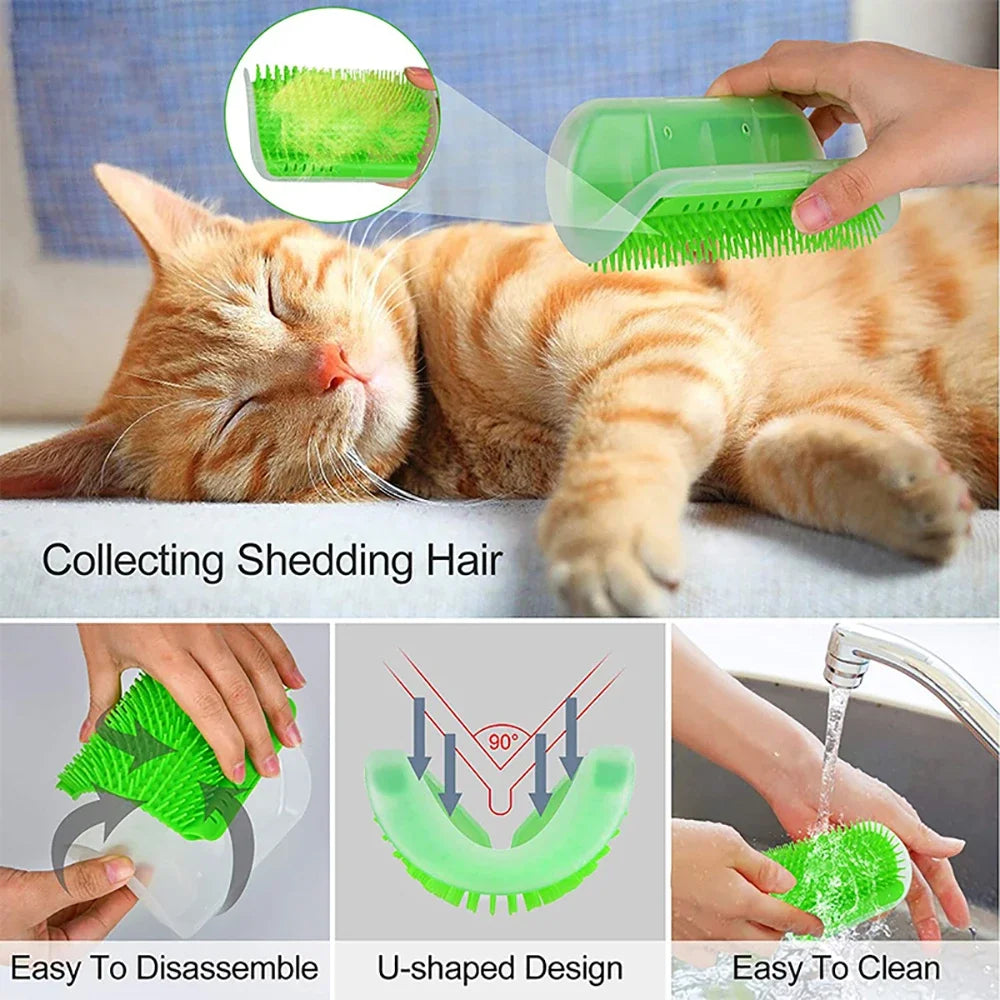 Cat Corner Brush & Massager – Self-Cleaning Grooming Comb with Catnip