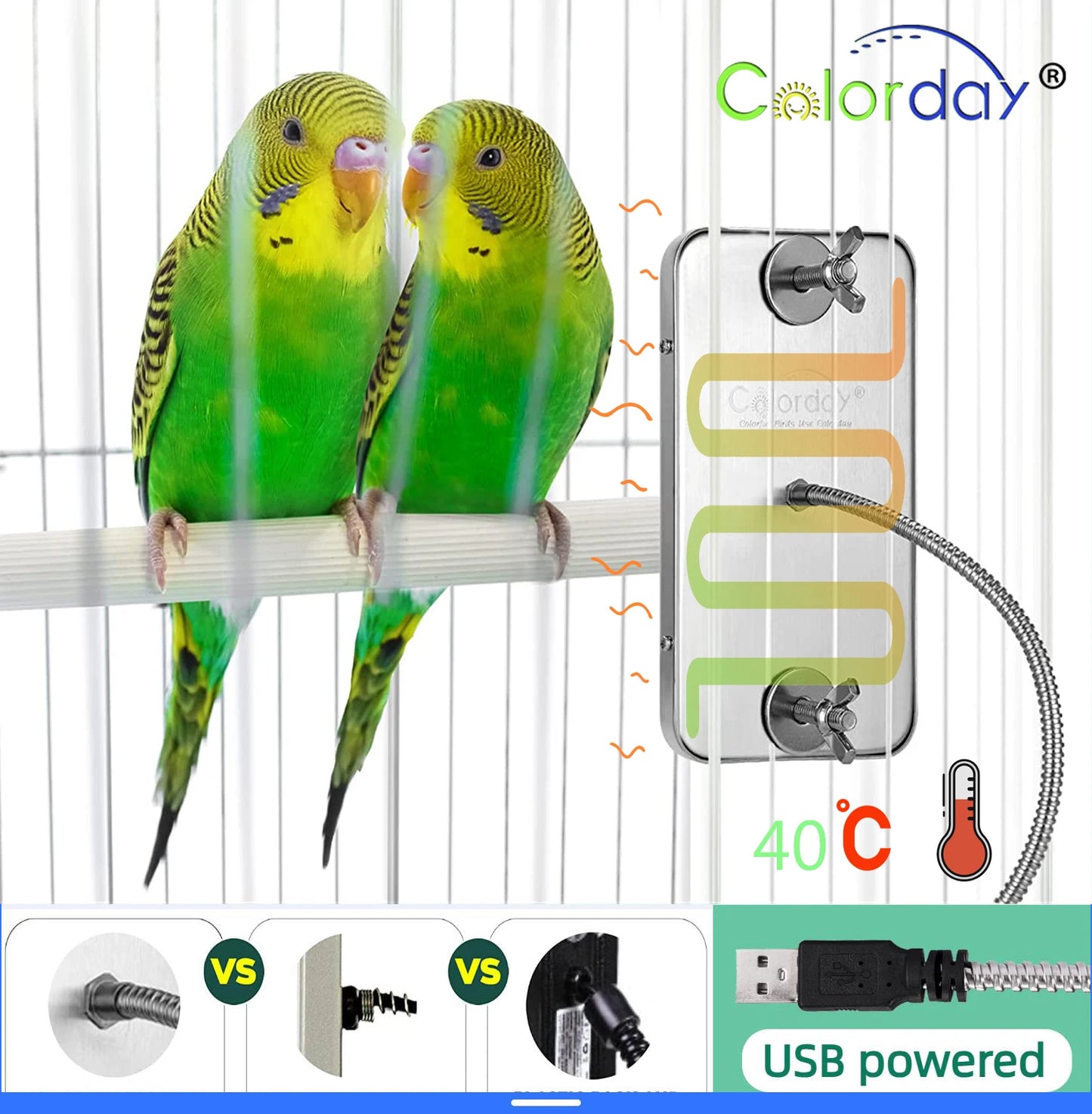 Bird Cage Heater Perch – Stainless Steel Parrot Warmer with Thermostat for Bird Cages