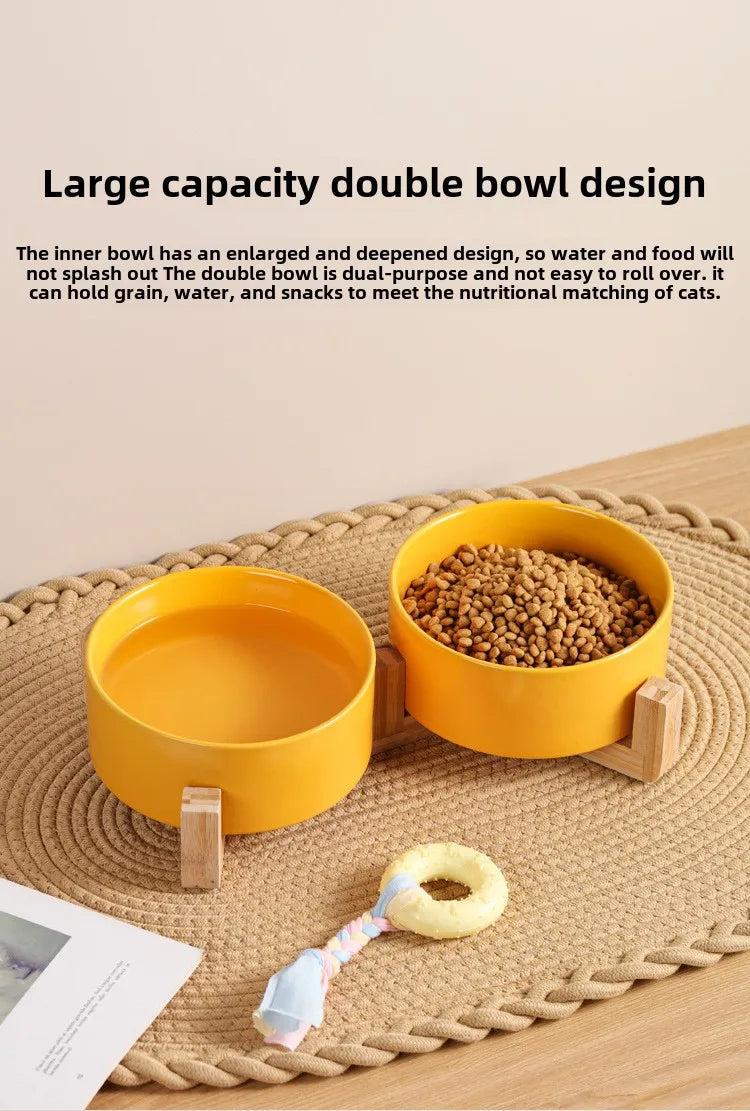 Ceramic Double Pet Bowl with Wooden Stand – No Spill Feeder