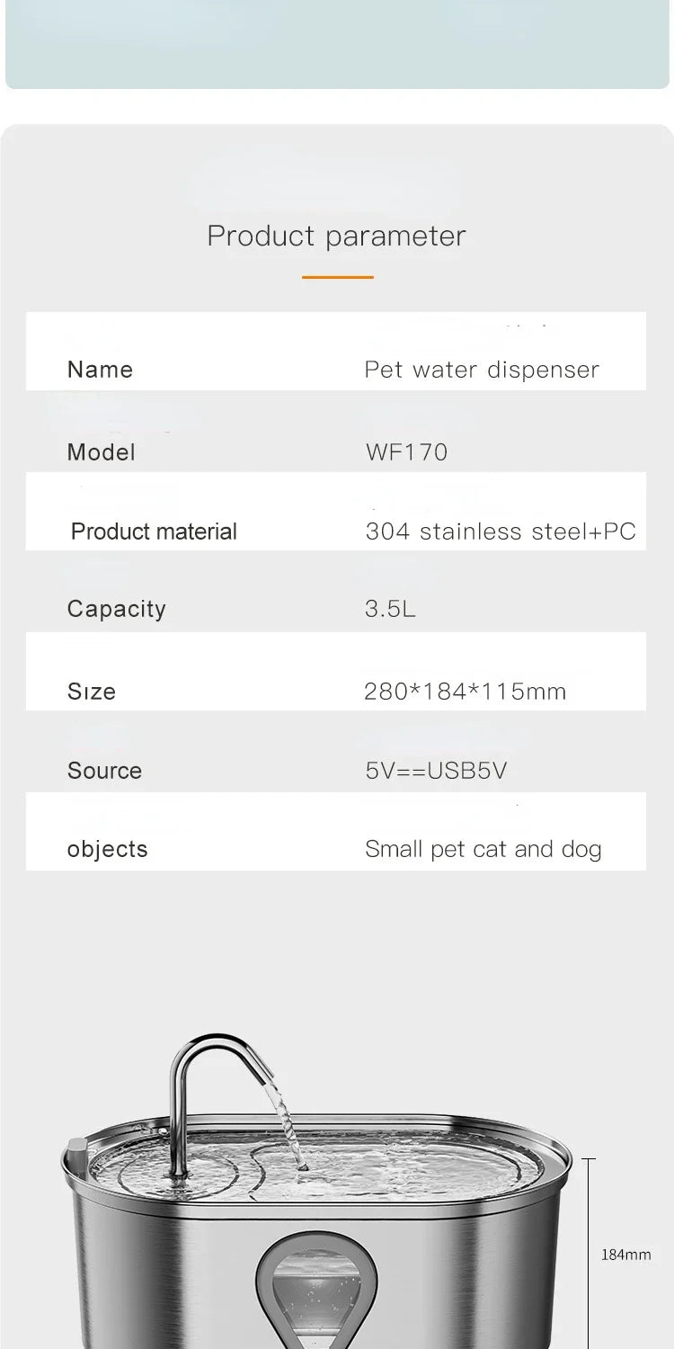 3.5L Stainless Steel Cat Water Fountain with Water Level Window Pet Fountain Cat Dog Water Dispenser for Multiple Cats Fountain