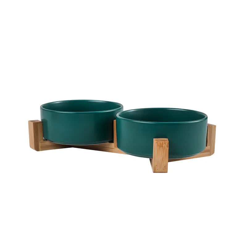 Ceramic Double Pet Bowl with Wooden Stand – No Spill Feeder