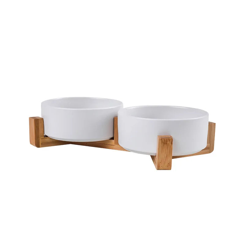 Ceramic Double Pet Bowl with Wooden Stand – No Spill Feeder