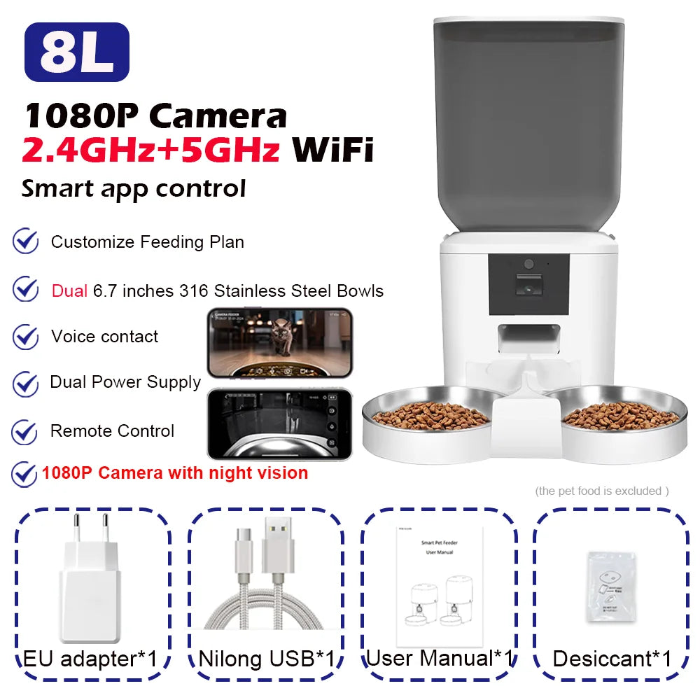 8L Smart Automatic Cat Feeder with 1080P Camera – WiFi & Voice Control