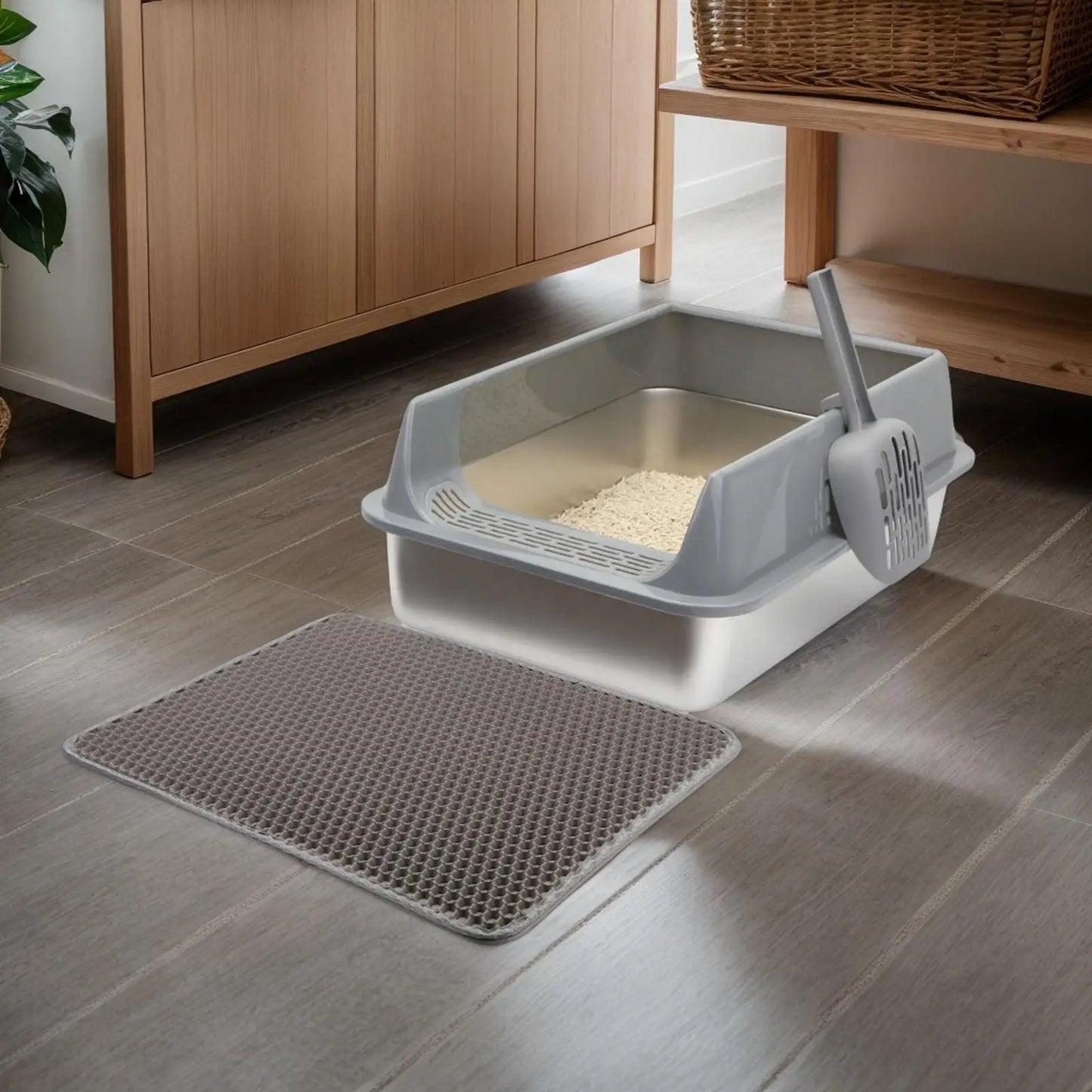 Stainless Steel High-Sided Cat Litter Box with Lid & Scoop