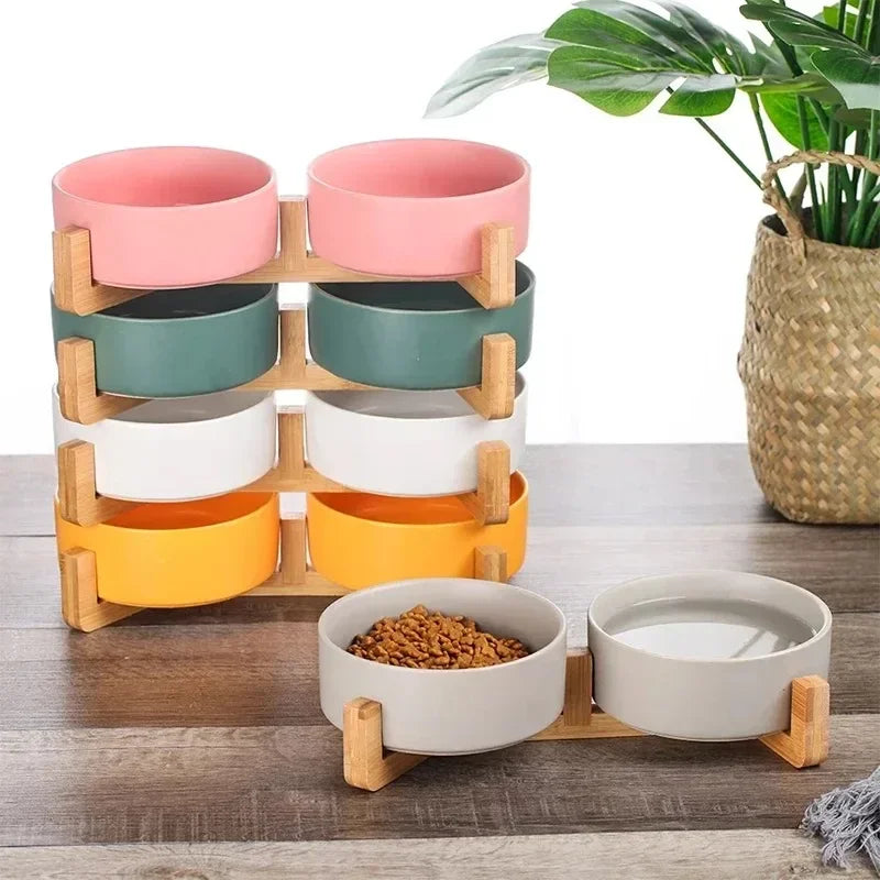 Ceramic Double Pet Bowl with Wooden Stand – No Spill Feeder